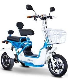 a white scooter with a basket on the front and back wheels, parked against a white background