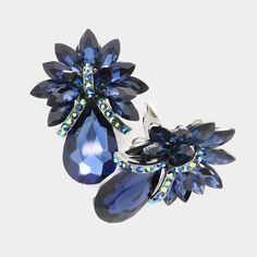 Navy Crystal Petal Teardrop Clip On Pageant Earrings | Prom Earrings Earrings Prom, Pageant Earrings, Evening Earrings, Turquoise Hoops, Flower Button, Prom Earrings, Button Style, Small Earrings Studs, Bridal Bracelet