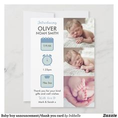 a birth announcement card with photos of a baby and an alarm clock