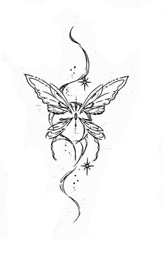 a black and white drawing of a butterfly with stars on it's back side