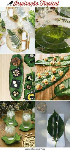 a collage of photos with green plates and flowers