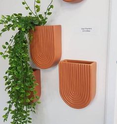 two orange planters are hanging on the wall next to each other, with green plants in them