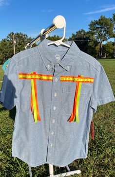 Boys size 4/5 ribbon shirts are short sleeved commercially made embellished by me.  I am Cherokee and live on the reservation in Oklahoma. Ribbon Shirt, Red Yellow, Kids Tops, Primary Colors, Labour Day, Ribbon, Gender Neutral, Art Collection, Kids Outfits