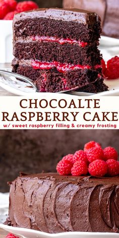 chocolate raspberry cake with fresh raspberries on the top and bottom layer