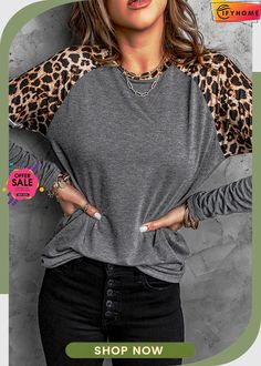 Gray Leopard Striped Long Sleeve Top Gray Raglan Sleeve Top For Fall, Gray Crew Neck Blouse For Fall, Heart Leopard, Blank Apparel, Patchwork Top, Affordable Fashion Women, Long Sleeve Striped Top, Women Long Sleeve Tops, T Shirt For Women