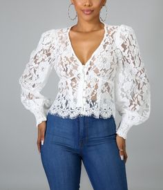 Lacey is as chic and feminine as you can get! Pair this top with your favorite pair of jeans and stiletto heels for the ultimate look.  Material: 60% Cotton / 40% NylonModel is wearing a small Jeans Top Design, Casual Lace Top, High Neck Lace Blouse, Lace Blouse Styles, Lace Top Styles, Shirt For Ladies, Outfits Gorditas, Lace Blouses, Fancy Shirt