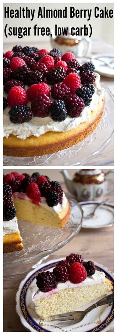 two pictures of a cake with berries on top and the same slice missing from it