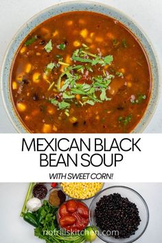 mexican black bean soup with sweet corn in a bowl