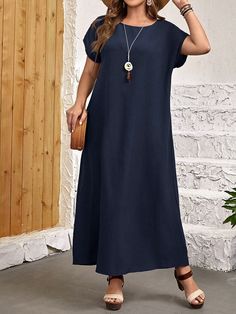 Plus Size Vacation Style Short Sleeve Round Neck Dress Navy Blue Casual  Short Sleeve Woven Fabric Plain Tunic Non-Stretch Summer Women Plus Clothing, size features are:Bust: ,Length: ,Sleeve Length: Plus Size Vacation, Yellow Long Dress, Plain Tunic, Round Neck Dress, Round Neck Dresses, Vacation Style, Navy Blue Dresses, Cute Woman, Yellow Dress