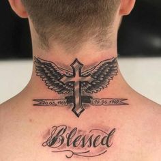 a man with a cross and wings tattoo on his neck that reads, blessing to god