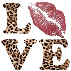 the word love is written in leopard print with red lipstick on it's lips