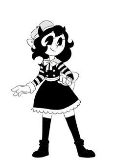 a black and white drawing of a girl in a dress with her hands out to the side