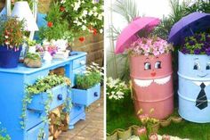 two pictures side by side, one with an umbrella and the other with flowers in buckets