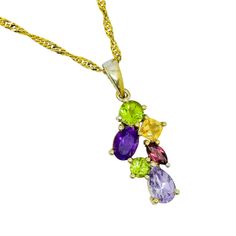 Beautiful necklace with a multi gem-set pendant. Oval, round, teardrop and marquise cut stones. Amethyst, citrine, peridots, garnet, topaz - all tested at the jeweller. The pendant is suspended on a delicate Singapore chain - sterling silver, gold plated with 22ct yellow gold. 4.15 g chain - 44 cm pendant - 2.2 cm Great condition. Antique Jewelry Necklace, Necklace Amethyst, Sterling Necklaces, Back Jewelry, Beautiful Necklace, Marquise Cut, Antique Jewellery, Sterling Silver Necklaces, Beautiful Necklaces