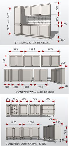 an image of different types of cabinets in various sizes and colors, with measurements for each cabinet