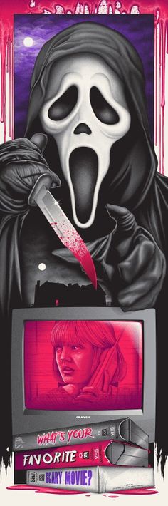 a movie poster with a creepy person holding a knife in front of a computer screen