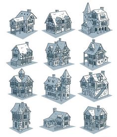 a bunch of houses that are drawn in blue ink on white paper, each with different levels