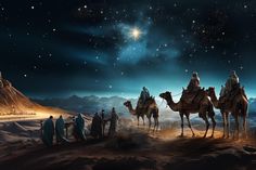 three wise men riding on camels in the desert at night with stars above them