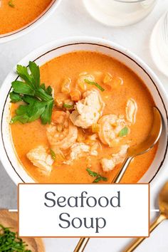 two bowls of seafood soup with garnishes on top and the title reads seafood soup