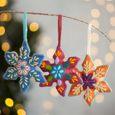 three ornaments hanging from a tree with lights in the background