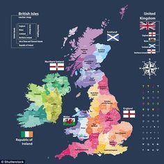 an illustrated map of the united kingdom with all its major cities and their flag colors