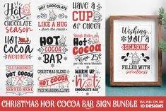 christmas cocoa bar sign bundle is displayed next to a wooden frame and potted plant