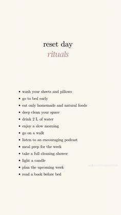 #restday #rituals Rest Day Rituals, Reset Days Aesthetic, Skincare Ritual Aesthetic, Reset Day Rituals, Weekend Reset Aesthetic, Reset Sunday Aesthetic, Spring Reset Aesthetic, Life Reset Aesthetic, Reset Day Aesthetic