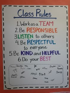 a classroom rules poster hanging on the wall in front of a bulletin board that says class rules