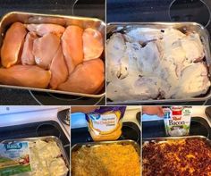 four pictures showing different stages of making chicken and cheese casserole in pans