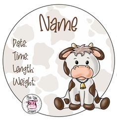 a cartoon cow sitting in front of a white background with the name plate time length weight