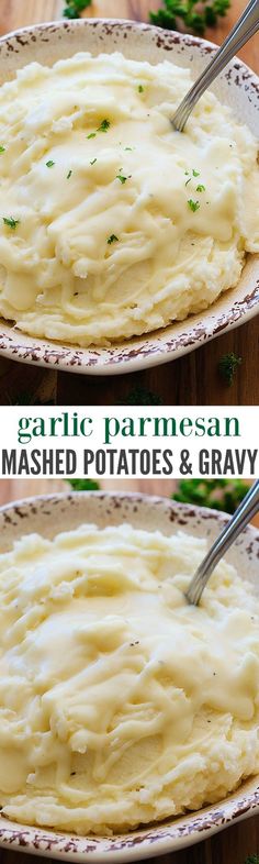 two plates with mashed potatoes and gravy on them, one is topped with parmesan cheese