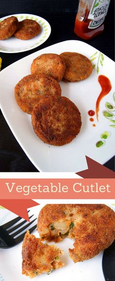 there is a plate with some food on it and the words vegetable cutlet are in red