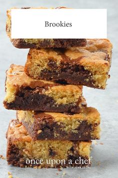 chocolate chip cookie bars stacked on top of each other with the words, cookies once upon a chef