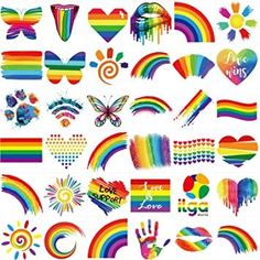 the rainbow stickers are all different colors and shapes, including hearts, sun, butterflies,