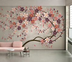 the living room is decorated with pink and purple flowers, while the wall has a tree painted on it