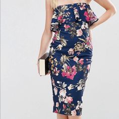 Nwt Beautiful Floral Midi Dress Floral Midi Dress With Ruffles For Party, Party Floral Midi Dress With Ruffles, Feminine Blue Midi Dress For Date Night, Chic Blue Floral Dress With Ruffles, Ruffle Midi Dress, Midi Ruffle Dress, Asos Dress, Asos Dresses, Floral Midi Dress