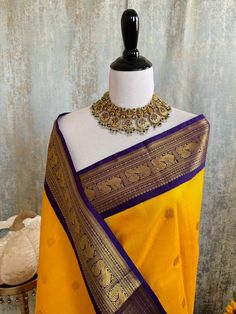 Exclusive Kanchivaram Korvai Pure Silk Pure Zari Silk Saree | Mango Ye Purple Border, Mango Yellow, Yellow Purple