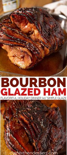 bourbon glazed ham on a plate with text overlay