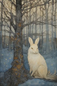 a painting of a white rabbit sitting next to a tree