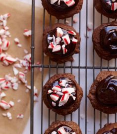 chocolate cupcakes on a cooling rack with peppermints and candy canes