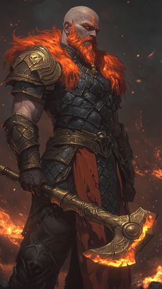 Meet this imposing magic character design male, a towering warrior clad in dark, heavily plated armor amidst a battlefield consumed by flames. His bald head marked with a glowing orange scar and a thick fiery-red beard reflect his connection to the surrounding fire. His armor composed of overlapping scales etched with intricate designs showcases ancient craftsmanship. A fur mantle dyed in vibrant orange-red tones adds to his regal yet ferocious appearance. Gripping a massive double-bladed axe glowing with molten fire, he embodies the dark fantasy creatures humanoid and black magic character aesthetics. The engulfing flames and smoky atmosphere amplify his presence as a fiery warlord. Perfect for admirers of dnd magic characters and legendary warriors. Light Domain Cleric Dnd, Ares Character Design, Dnd Characters Tiefling, Heavy Armor Character Design, Fantasy Creatures Humanoid, Aasimar Barbarian, Dnd Npc Art, Magic Character Design, Fire Character Design