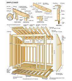 an image of a shed with plans for the roof and side walls, including wood framing