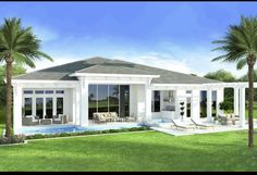 this is a computer rendering of a house with pool and palm trees in the front yard