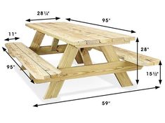 a wooden picnic table with measurements for it