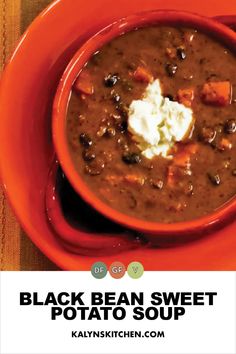 a bowl of black bean sweet potato soup with sour cream on top and the title overlay reads, black bean sweet potato soup