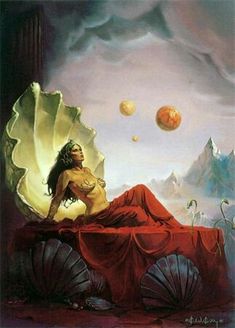 a painting of a woman laying on top of an umbrella with planets in the background