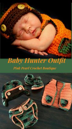 Adorable costume of a baby hunter for a photo shoot. This photo prop includes the camouflaged trapper hat, booties and hunting vest. Crochet Baby Photo Props Patterns Free, Hunter Costume, Baby Hunter, Crochet Baby Photo Prop, Hunting Baby, Hunter Outfit, Hunting Girls, Diy Baby Gifts, Crochet Vest Pattern