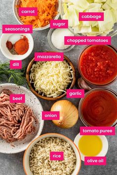 the ingredients to make this pasta dish are shown in bowls and labeled with their names