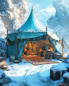 a tent in the middle of a snowy mountain with lights hanging from it's roof