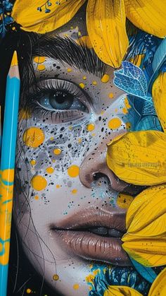 a woman's face is painted with yellow flowers and blue butterflies on her face